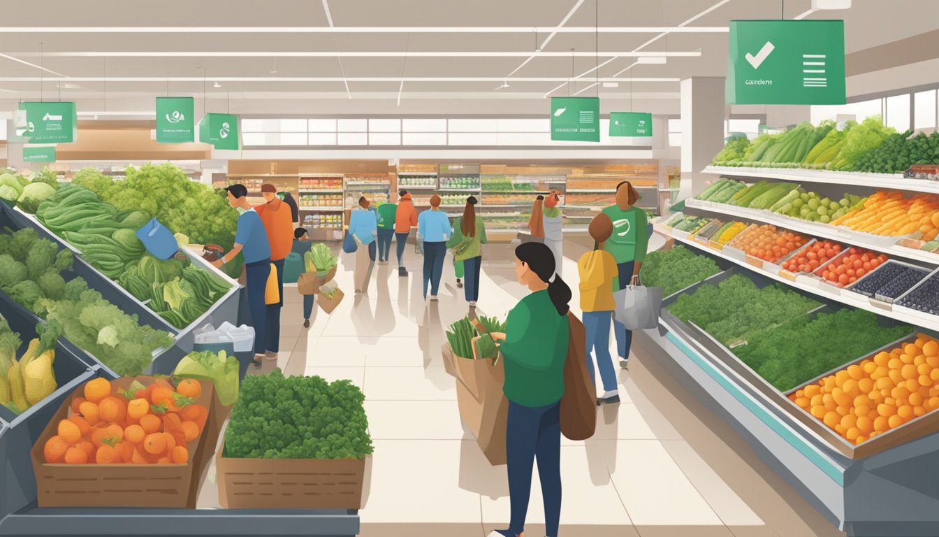 A bustling supermarket with shoppers selecting fresh produce and reusable bags on display, alongside bins for recycling and composting