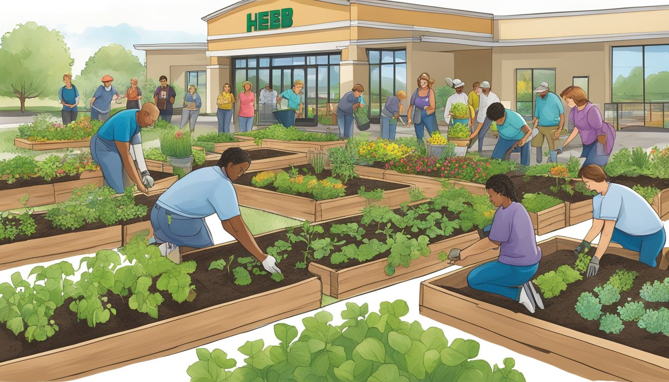 Customers and employees working together to plant and tend to a community garden outside of an HEB grocery store