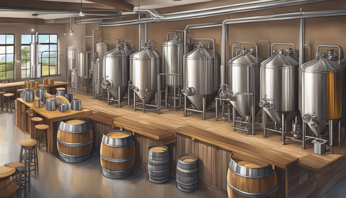 A bustling craft brewery in Davie, FL, with stainless steel tanks, wooden barrels, and a tasting room filled with beer enthusiasts