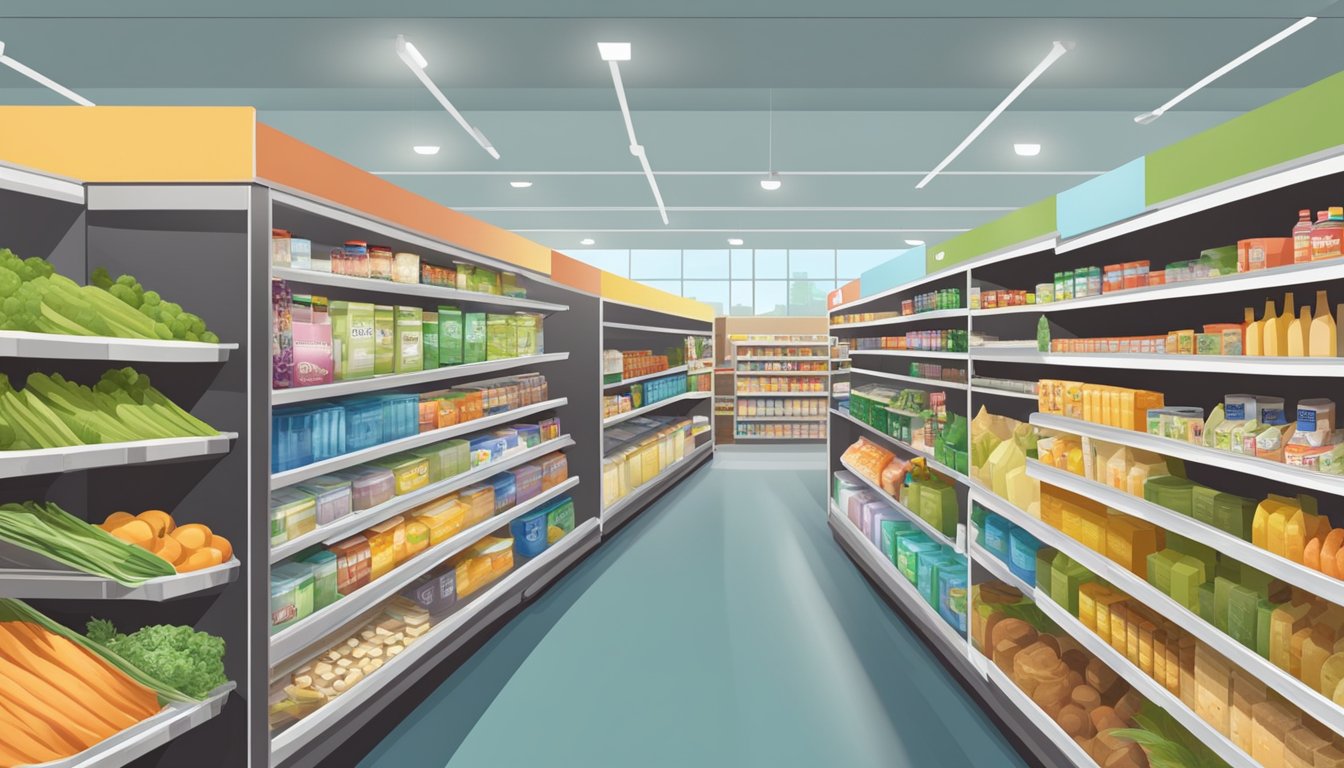 A bustling grocery store aisle with neatly arranged products and a wide selection of groceries at Save Mart