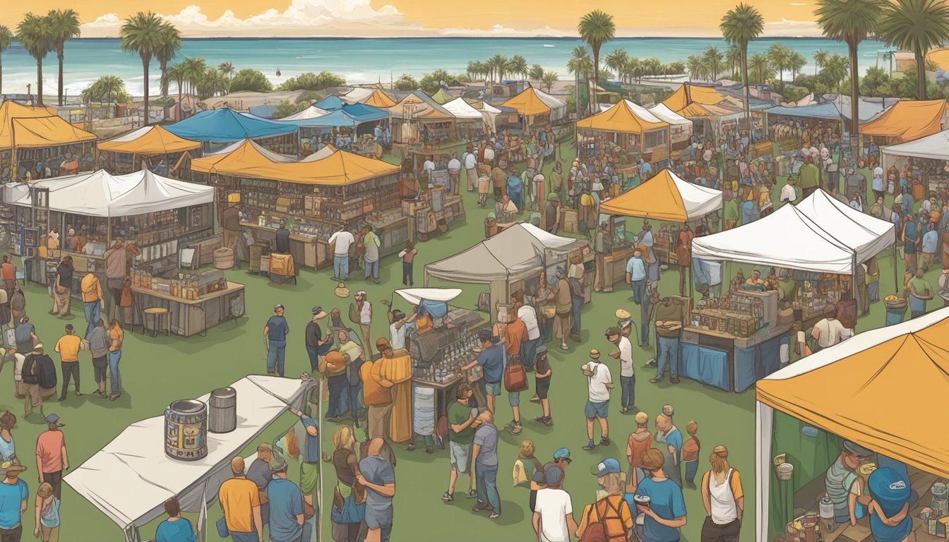 A bustling craft beer festival in Clearwater, Florida, with a variety of local breweries showcasing their unique brews to a crowd of beer enthusiasts