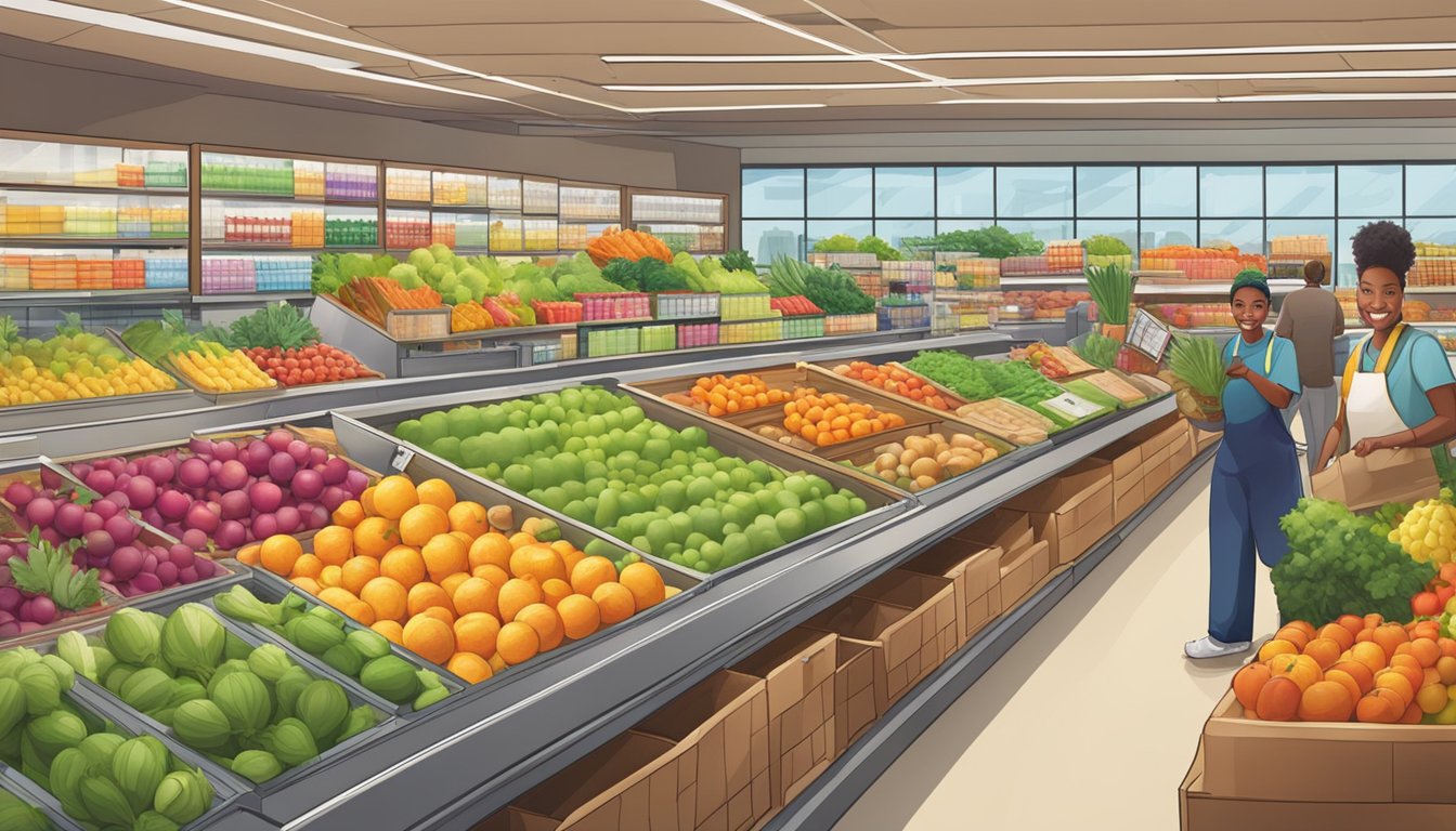 A bustling grocery store with colorful produce, neatly organized aisles, and friendly staff assisting customers