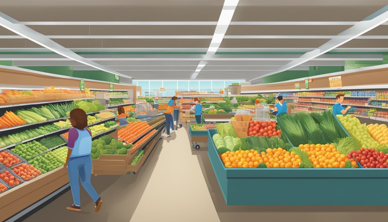 A bustling Save Mart grocery store with rows of fresh produce, shelves stocked with goods, and customers browsing the aisles