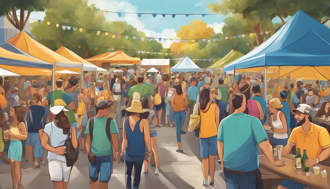 A bustling craft beer festival in Clearwater, FL featuring a variety of beer styles and specialties. Brewers and patrons mingle under colorful tents