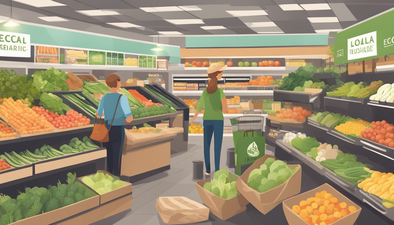 A bustling grocery store with eco-friendly signage, reusable bags, and a display of locally sourced produce