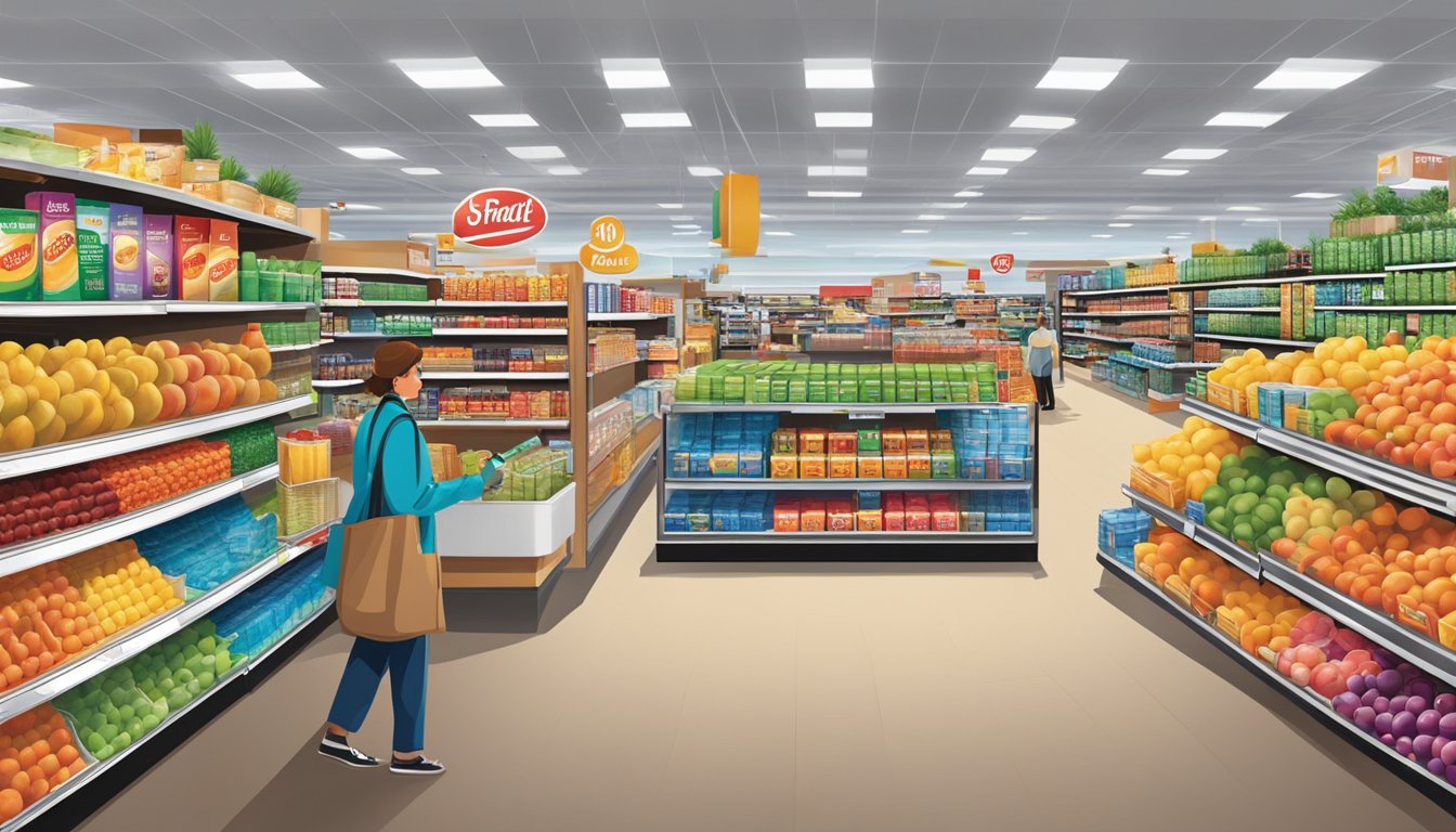 A bustling Smart & Final store with colorful aisles and stocked shelves