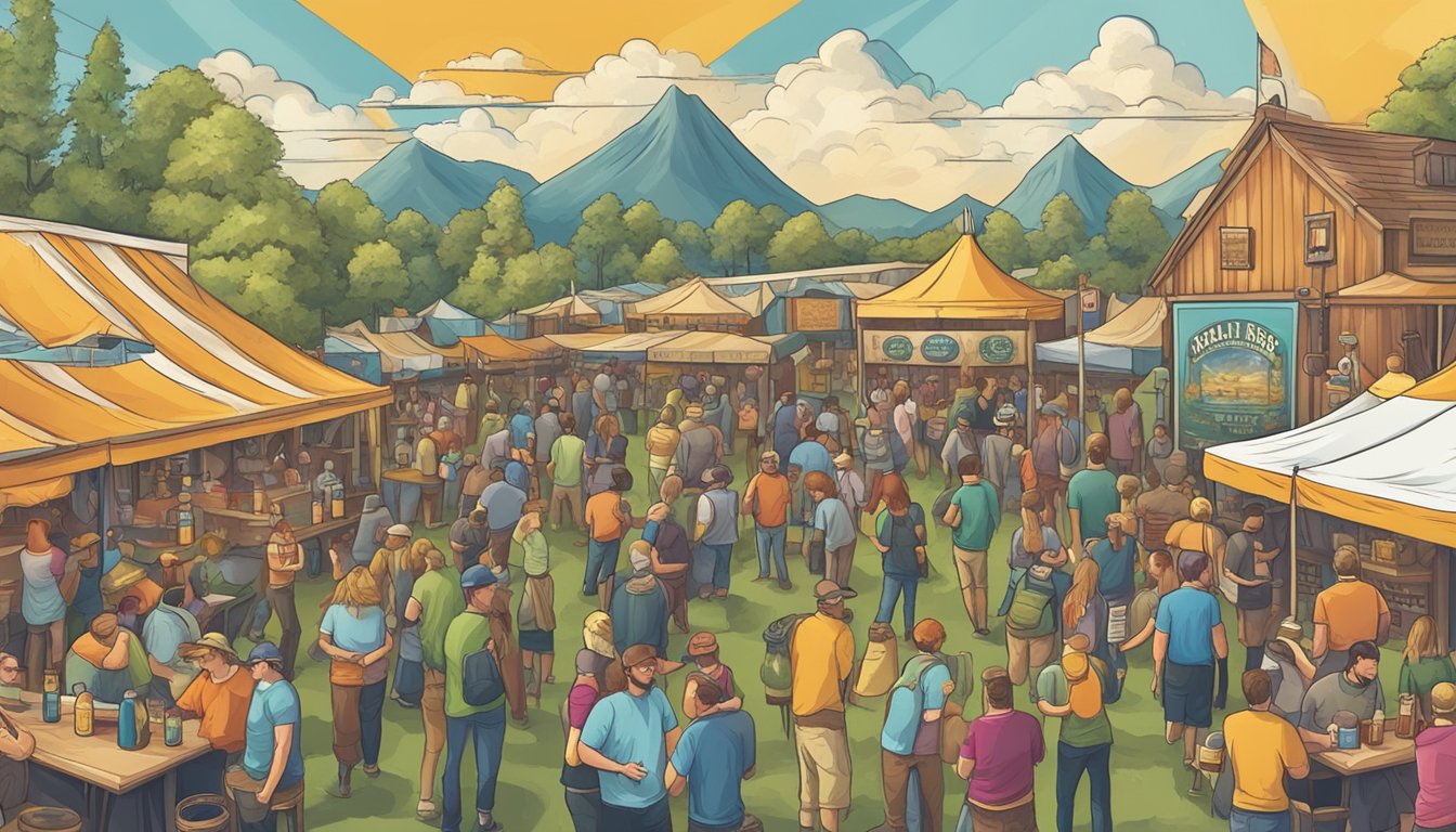 A bustling craft beer festival with a variety of local breweries showcasing their unique and colorful beer labels