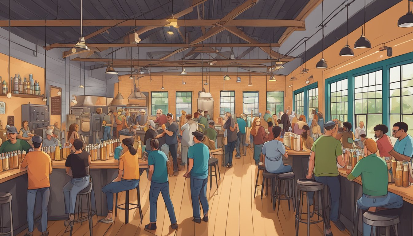 A bustling craft brewery scene in Gainesville, Florida, with diverse beer styles, local ingredients, and vibrant community gatherings