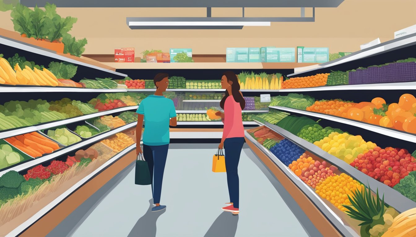 A customer browses aisles of fresh produce and packaged goods at Smart Final grocery store