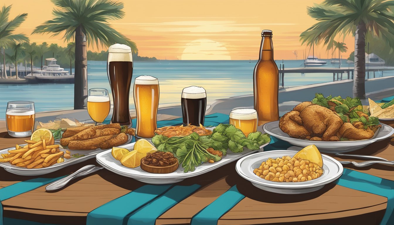 A table set with a variety of local craft beers and dishes in Clearwater, FL