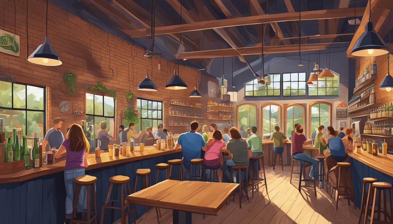 A bustling craft brewery in Gainesville, FL with patrons enjoying locally brewed beers in a vibrant and cozy atmosphere