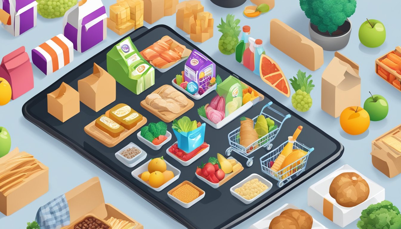 A smartphone displaying grocery items with a shopping cart icon, surrounded by colorful food products and a grocery store logo