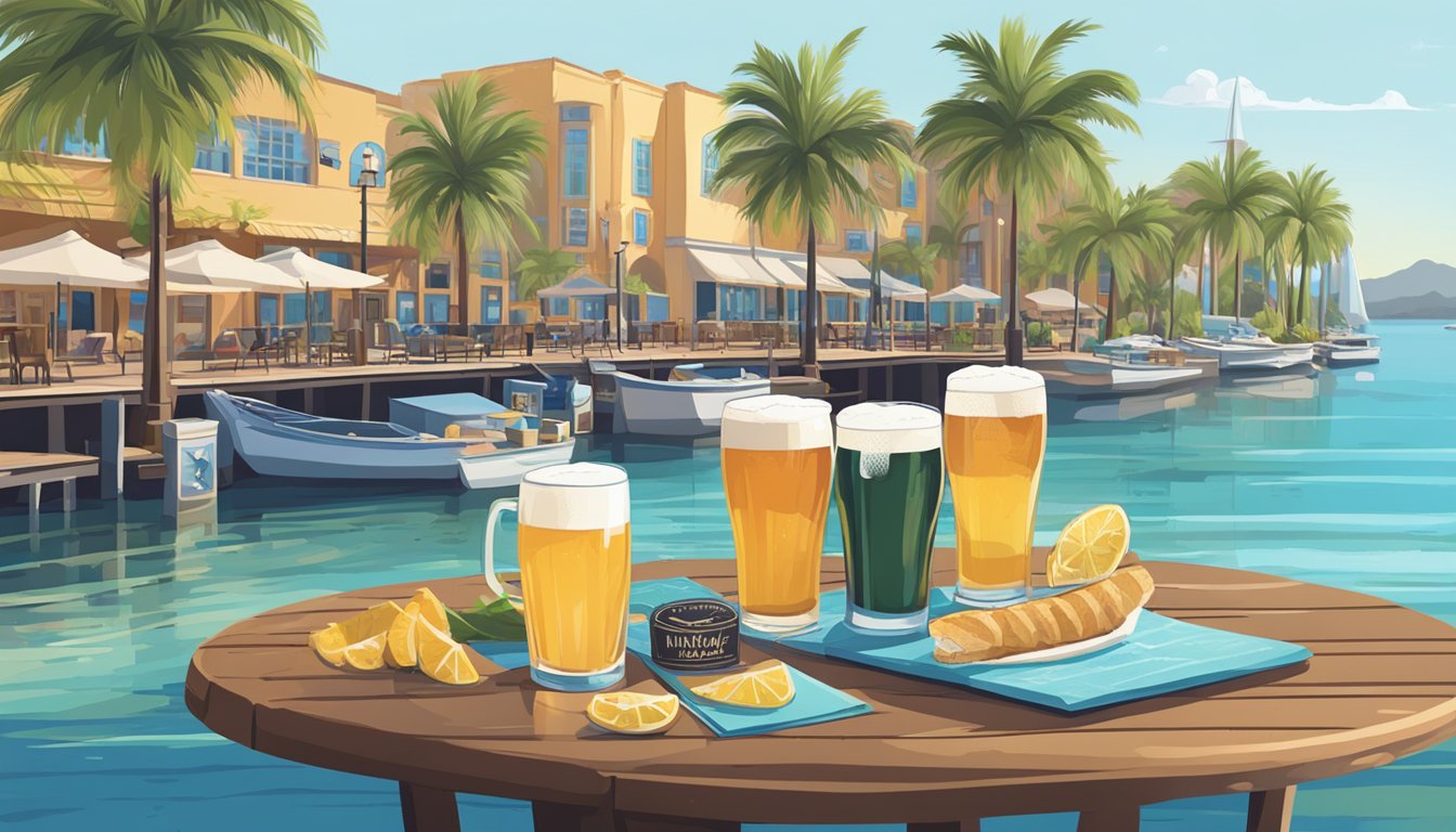 A sunny waterfront with palm trees, outdoor seating, and a view of the clear blue water, with a local craft beer guide displayed on a table