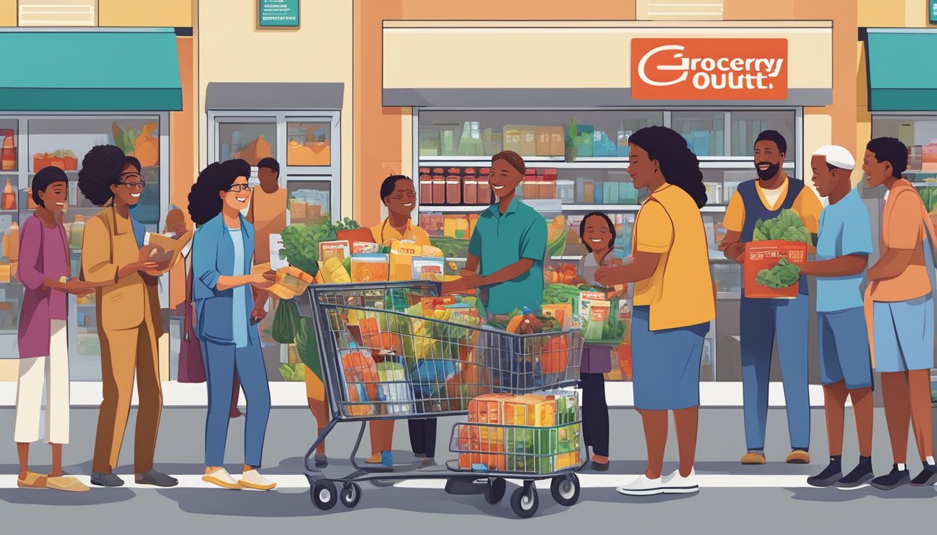 A diverse group of people gather outside a grocery outlet, exchanging goods and engaging in community activities