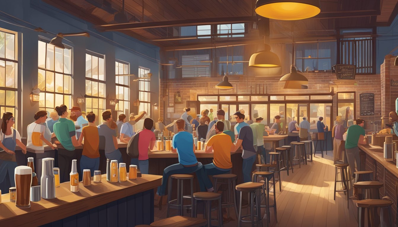 A bustling brewery scene with patrons enjoying local craft beer in Gainesville, FL. Vibrant atmosphere with beer taps, barrels, and brewing equipment