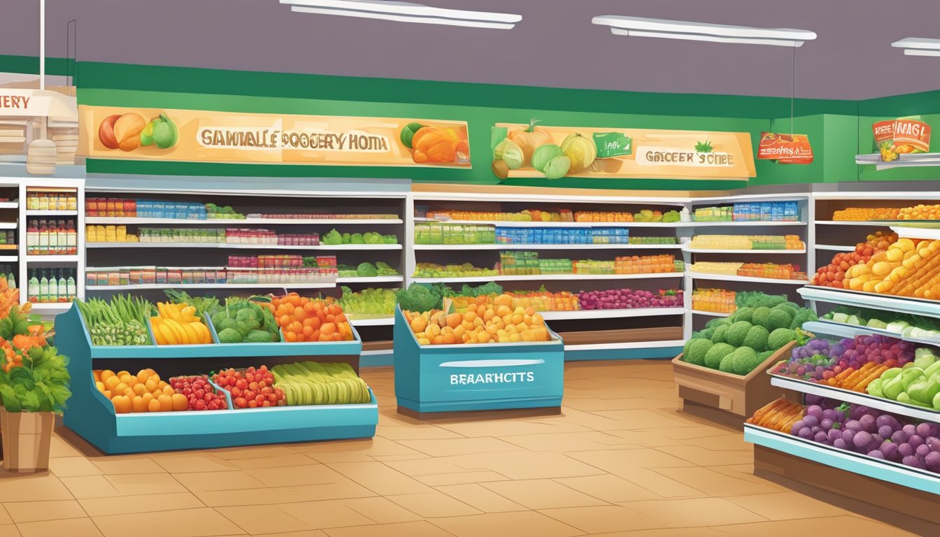 A grocery store with colorful seasonal promotions signs displayed throughout the aisles