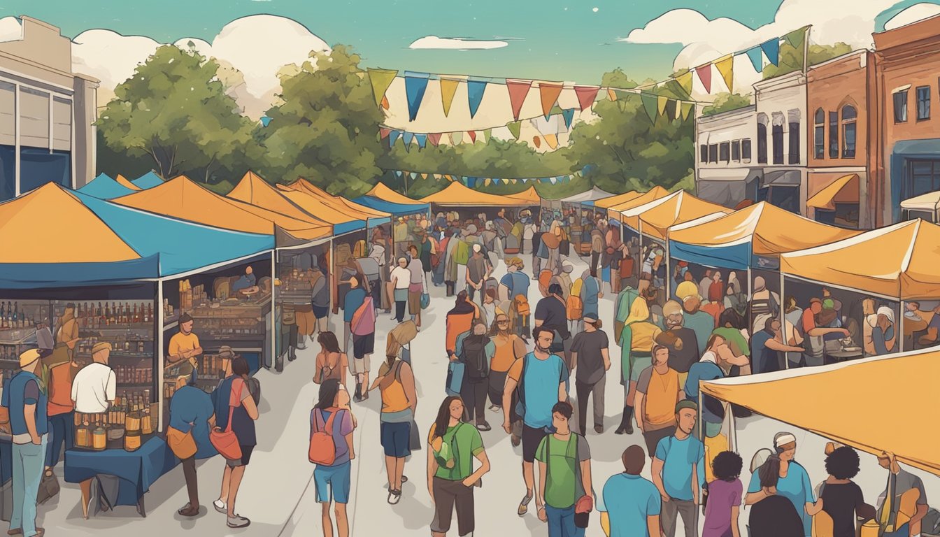 A bustling craft beer festival in Gainesville, FL, with vendors and locals enjoying live music and sampling a variety of local brews