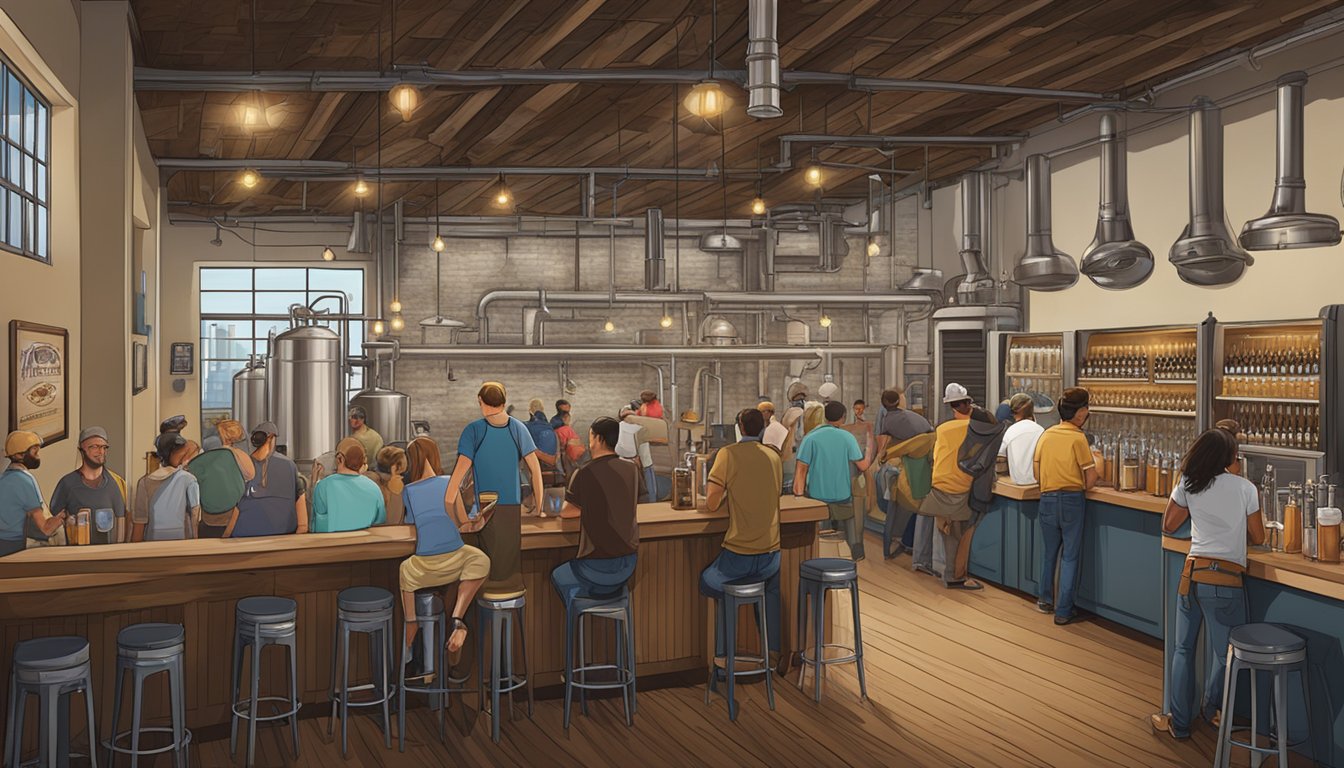 A bustling brewery taproom in Pompano Beach, FL, with patrons enjoying local craft beers amidst industrial decor and large brewing equipment