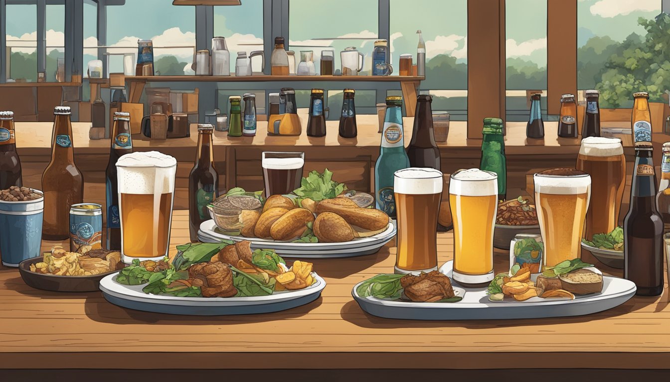 A table set with an array of local craft beers and gourmet dishes in a bustling Gainesville brewery