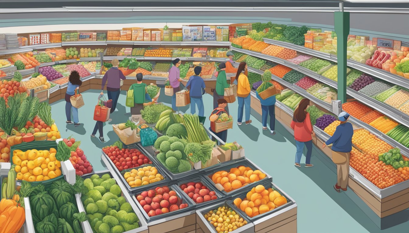 A bustling food department at Stater Bros Markets, filled with colorful produce, neatly stacked groceries, and busy shoppers