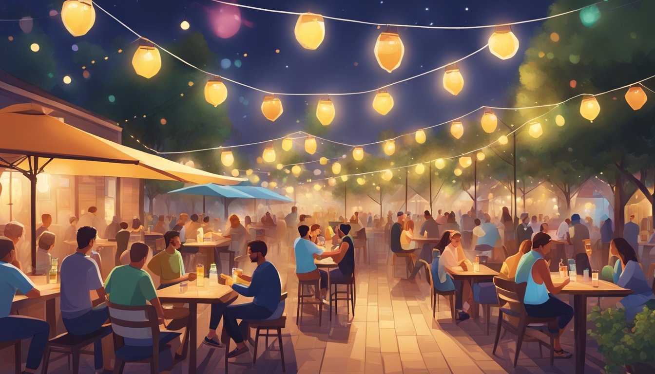 A bustling outdoor craft beer garden with people enjoying drinks and games under string lights and colorful umbrellas