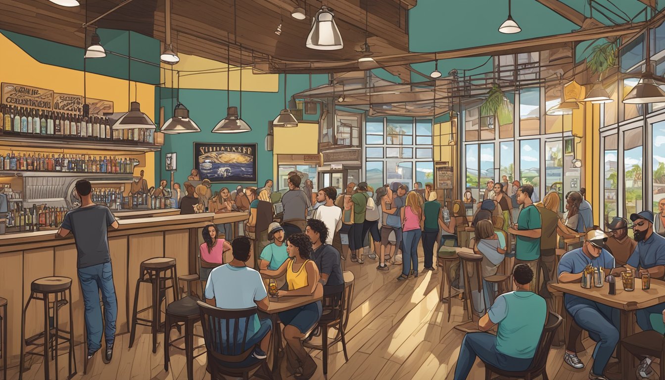 A bustling local brewery with patrons enjoying craft beer, live music, and community vibes in Clearwater, FL