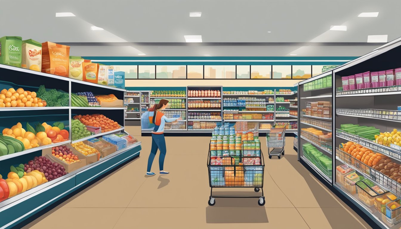 A busy grocery store with shelves stocked with various convenience items at Stater Bros Markets