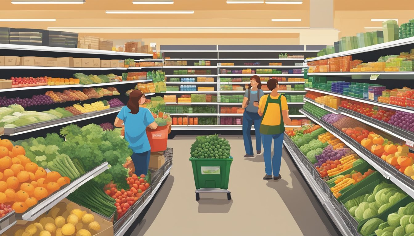 A bustling WinCo Foods store filled with colorful produce, shelves stocked with various groceries, and customers browsing the aisles