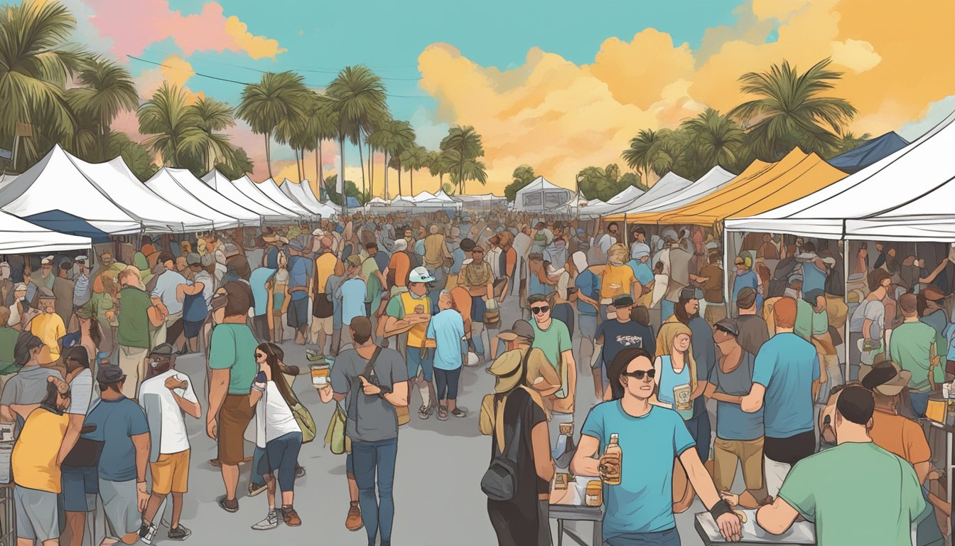 A bustling craft beer festival in Pompano Beach, FL, with vendors, live music, and enthusiastic beer enthusiasts sampling local brews