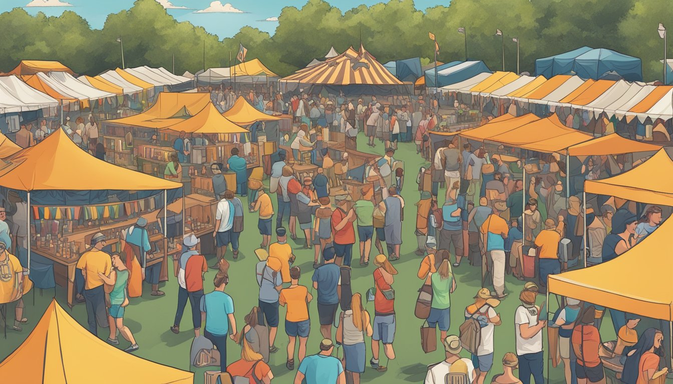 A bustling craft beer festival, with colorful banners and tents, surrounded by a lively crowd of beer enthusiasts sampling unique local brews in Gainesville, FL