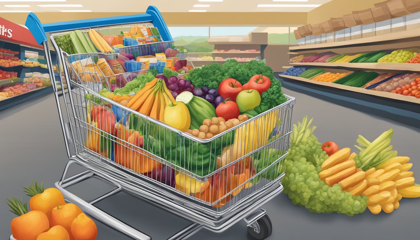 A shopping cart filled with groceries in front of Stater Bros market