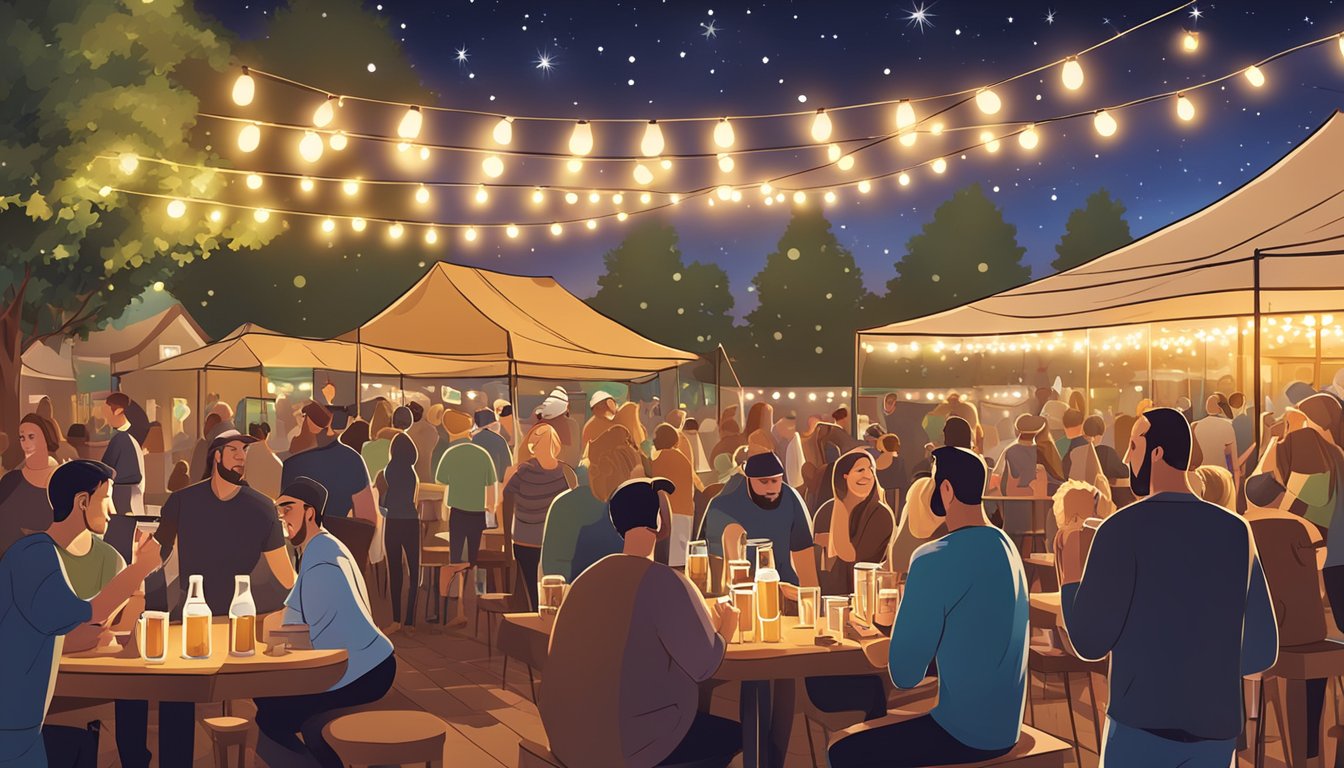 A lively outdoor craft beer festival with string lights, live music, and people enjoying drinks at tables under the stars