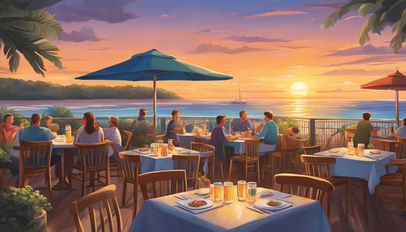 A beachside restaurant serves up fresh seafood dishes alongside a colorful array of locally brewed craft beers. The sun sets over the ocean, casting a warm glow on the outdoor dining area