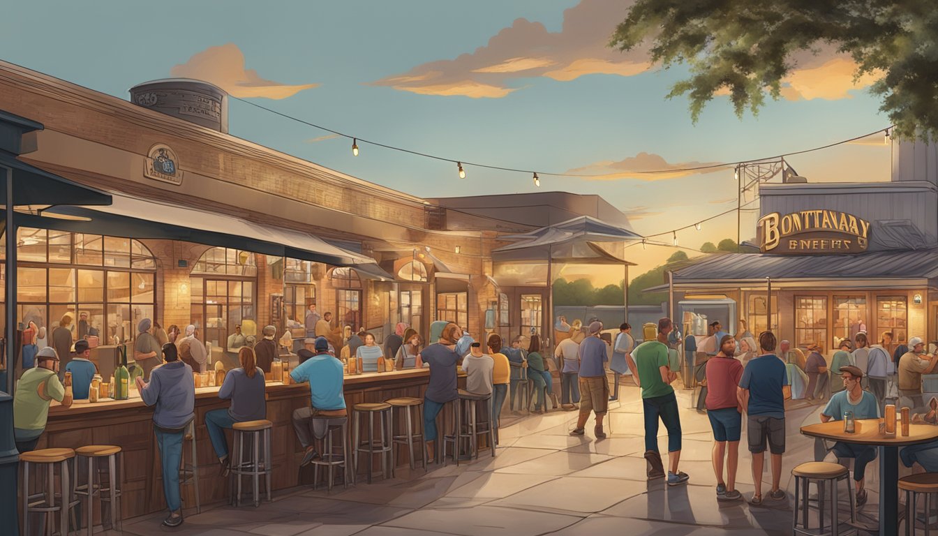 A bustling brewery scene with diverse beer styles, outdoor seating, and live music in Fontana, FL