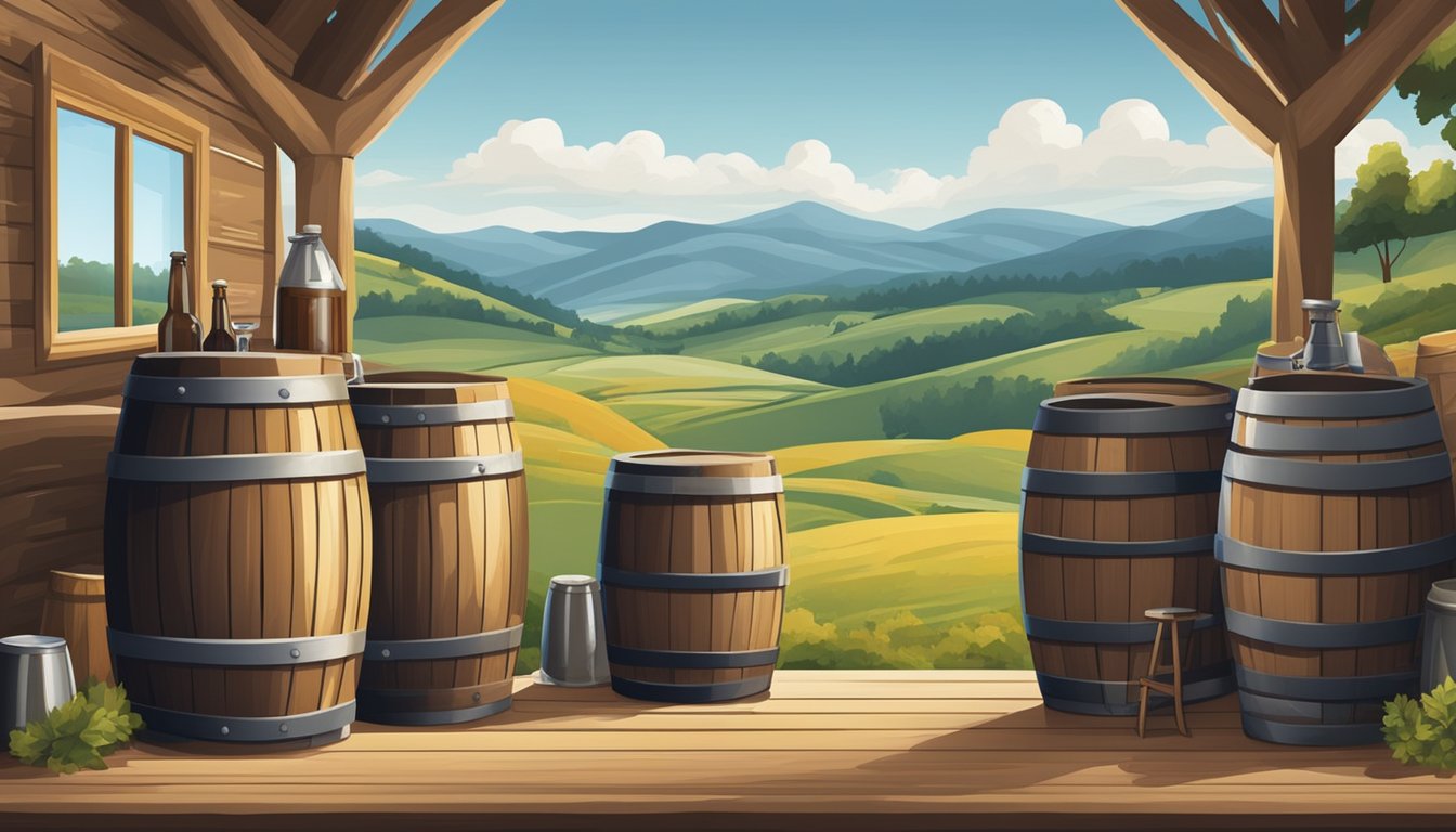 A rustic brewery with wooden barrels, beer taps, and chalkboard menus, set against a backdrop of rolling hills and a clear blue sky