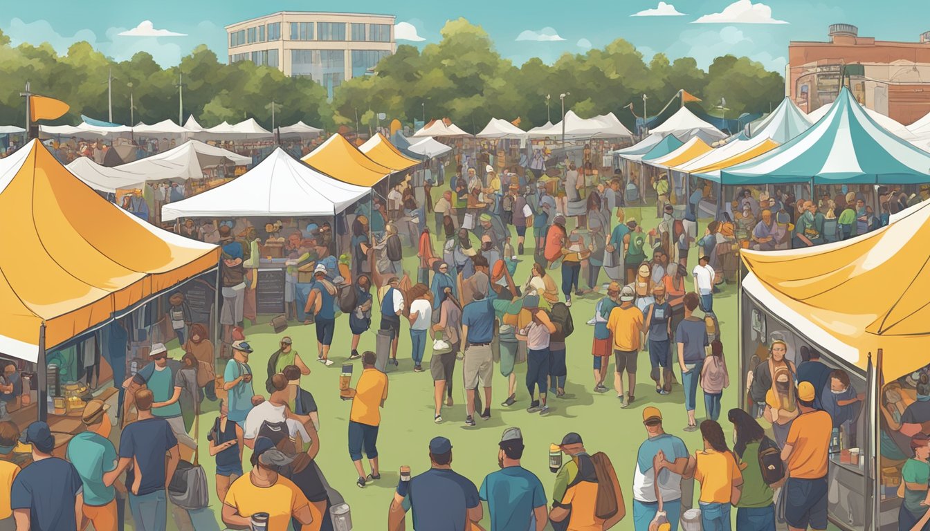 A bustling craft beer festival in Jacksonville, with colorful brewery tents and lively crowds sampling various beers