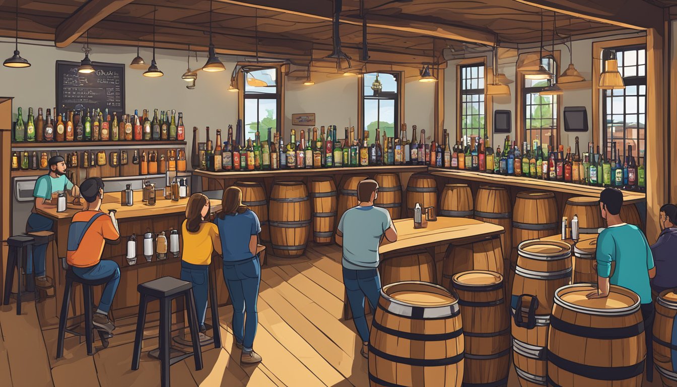 A bustling taproom with wooden barrels, stainless steel tanks, and a row of colorful beer taps. Patrons chat and sample flights of local craft brews