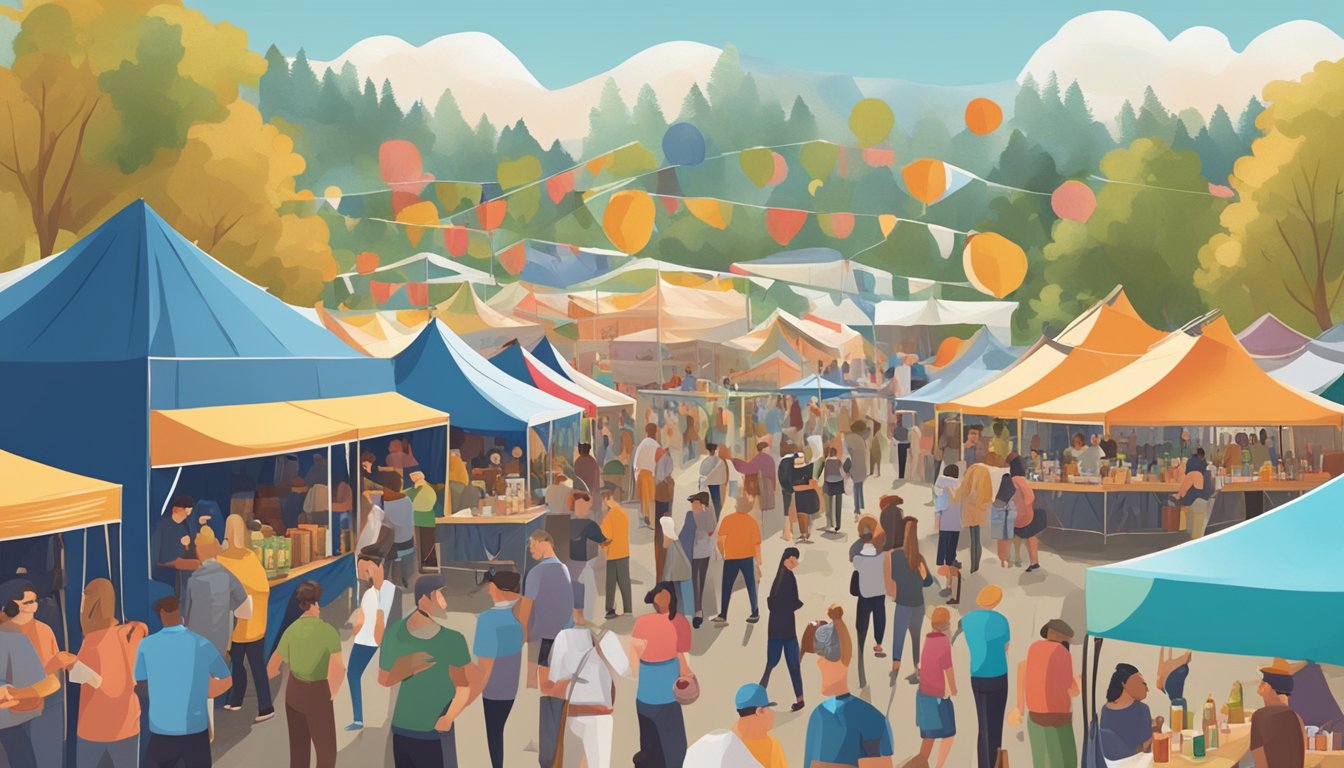 A bustling craft beer festival with colorful tents, live music, and people mingling around tasting different brews