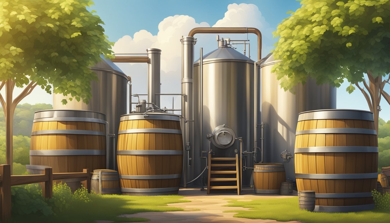 A rustic brewery with stainless steel vats, wooden barrels, and hops vines growing outside under the sunny sky