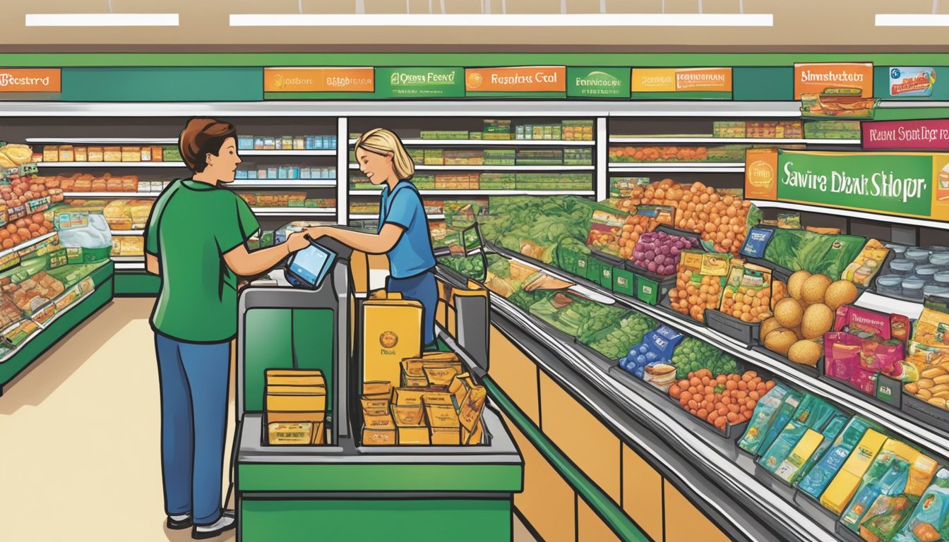 Shoppers scanning rewards cards at checkout in a Hannaford grocery store. Displays of savings program signs and logos throughout the store