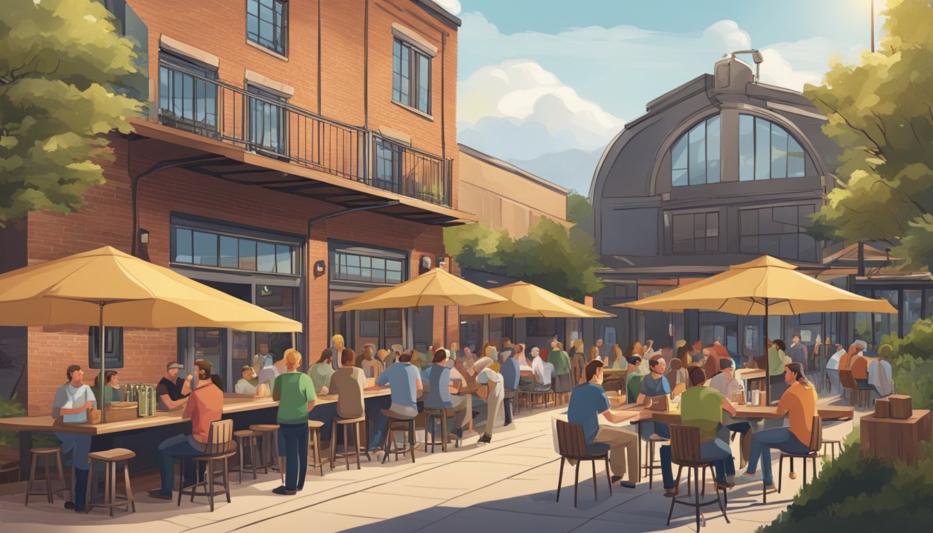 A bustling craft beer brewery with outdoor seating and a tour group sampling different beers