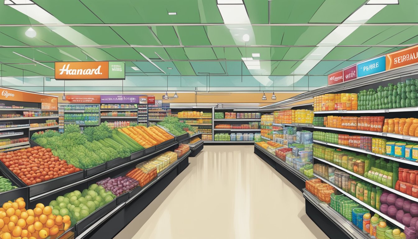 A bustling grocery store with colorful aisles of products and departments at Hannaford