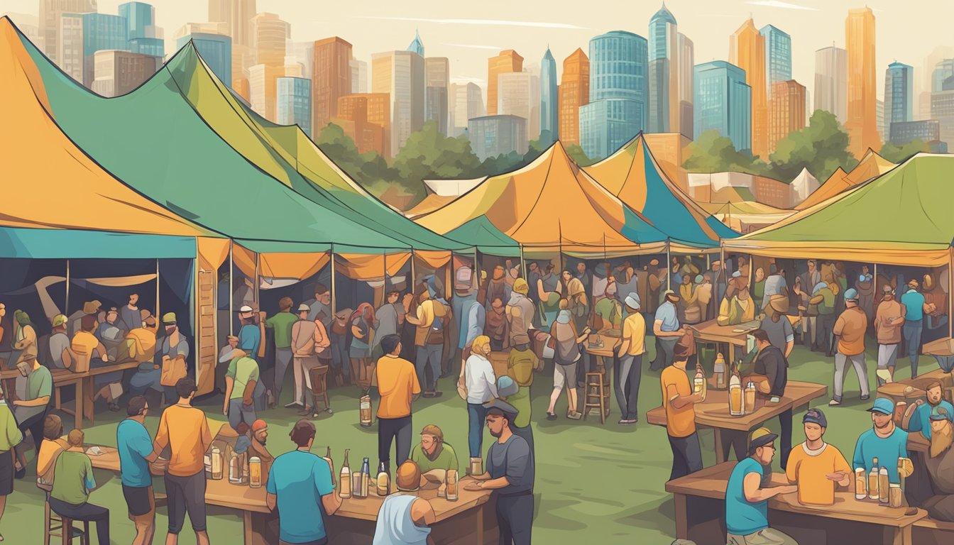 A bustling craft beer festival with colorful brewery tents, beer tastings, and lively conversations among beer enthusiasts