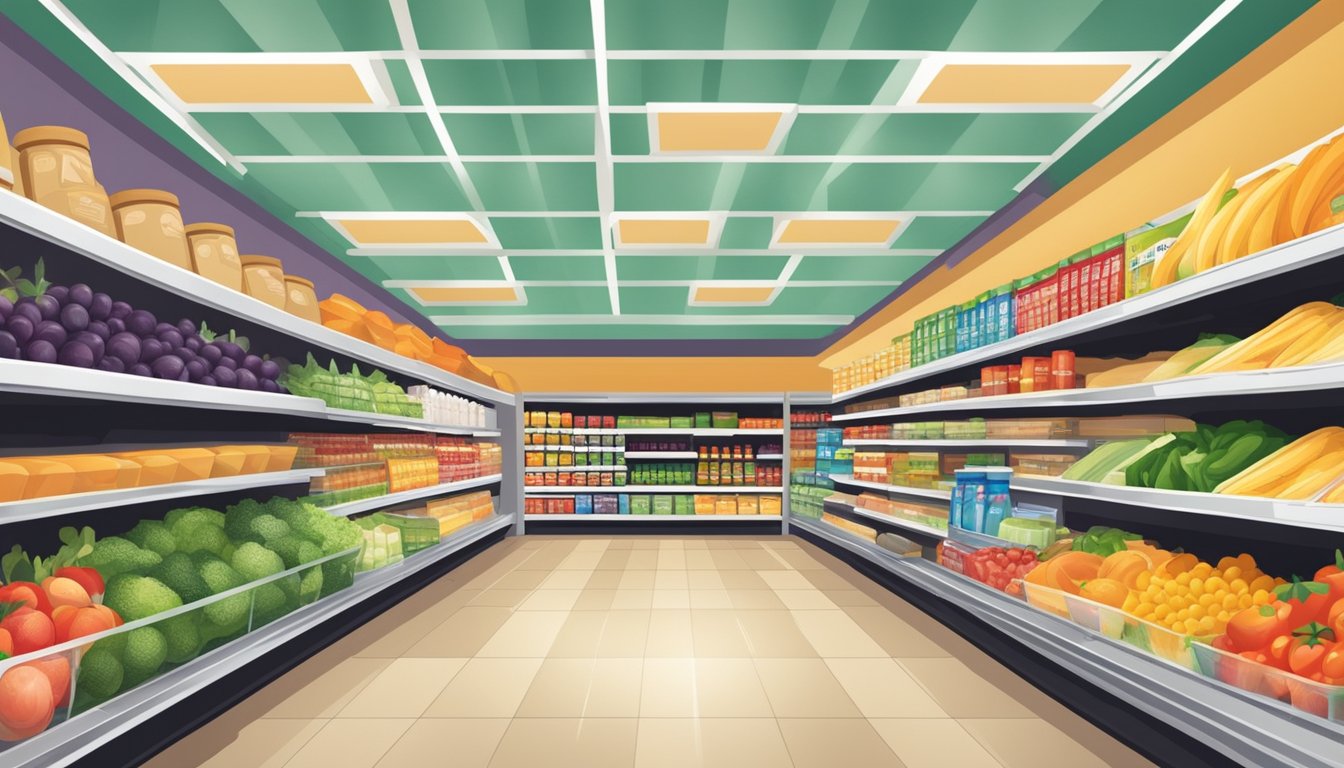 A brightly lit grocery aisle with shelves stocked with various healthy food options labeled "Dietary Preferences and Healthy Options" at Hannaford