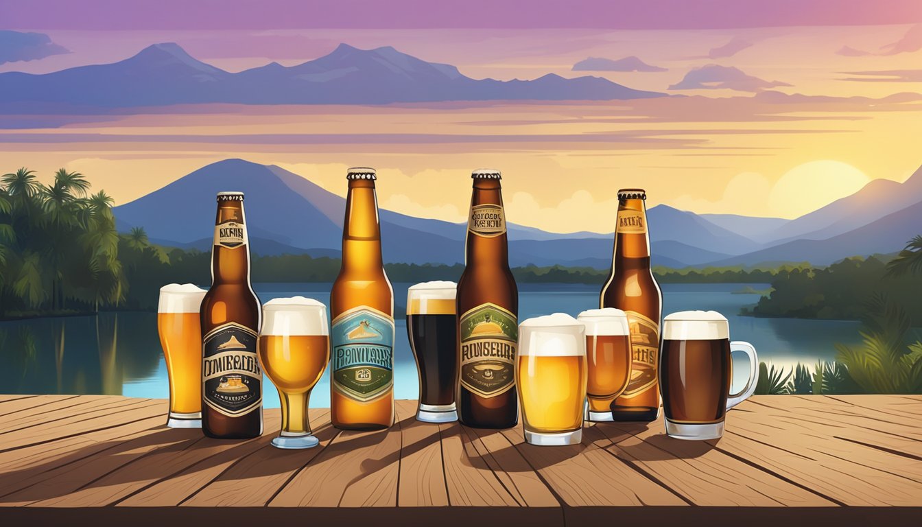 A group of diverse craft beer bottles and glasses arranged on a rustic wooden table, with a backdrop of a scenic brewery in Fontana, FL