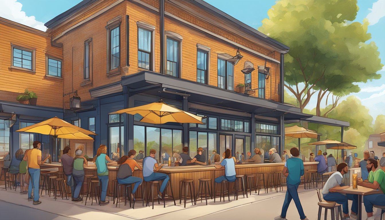 A bustling craft beer brewery with a variety of taps, patrons enjoying pints, and a vibrant outdoor patio