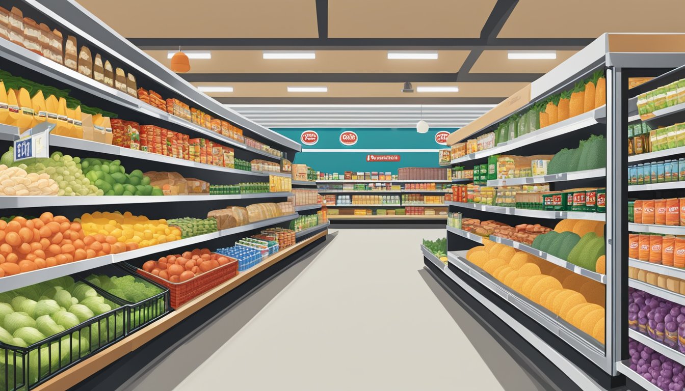 A well-stocked grocery store aisle at Hannaford, with shelves of various food items and signage indicating additional services and facilities