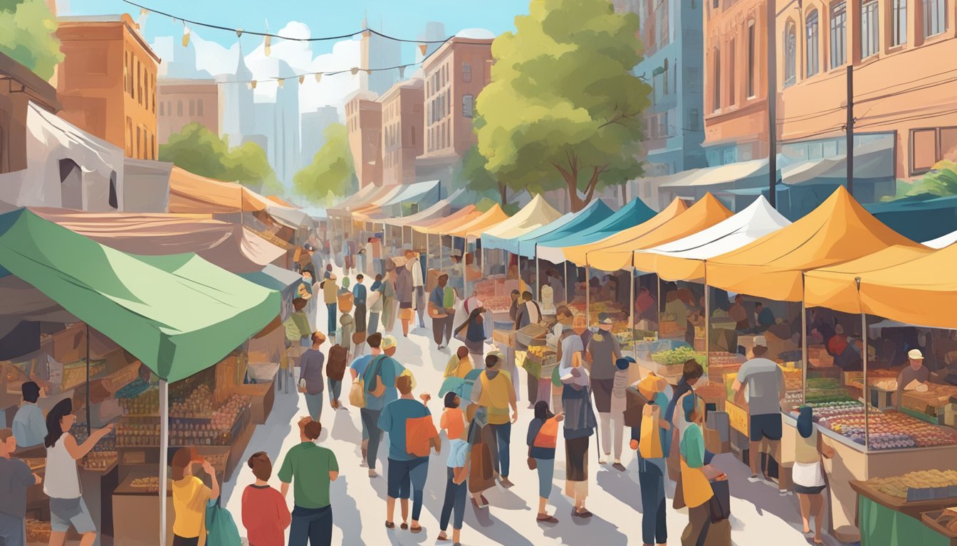 A bustling street market with colorful tents and crowds of people sampling and purchasing local craft beers from various vendors