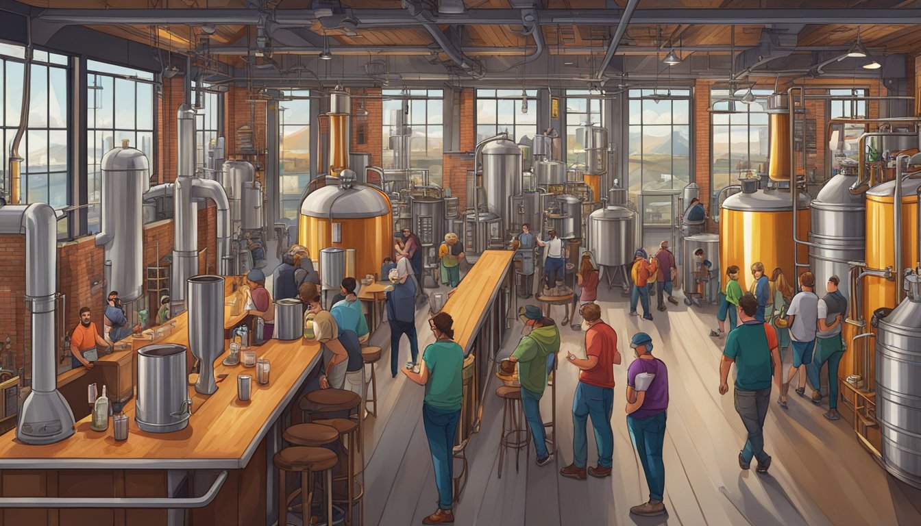 A bustling brewery taproom with patrons enjoying a variety of craft beers, surrounded by industrial brewing equipment and vibrant local artwork