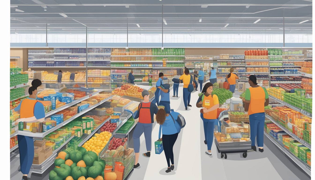 A bustling Sam's Club store with aisles of groceries, shoppers selecting items, and employees stocking shelves